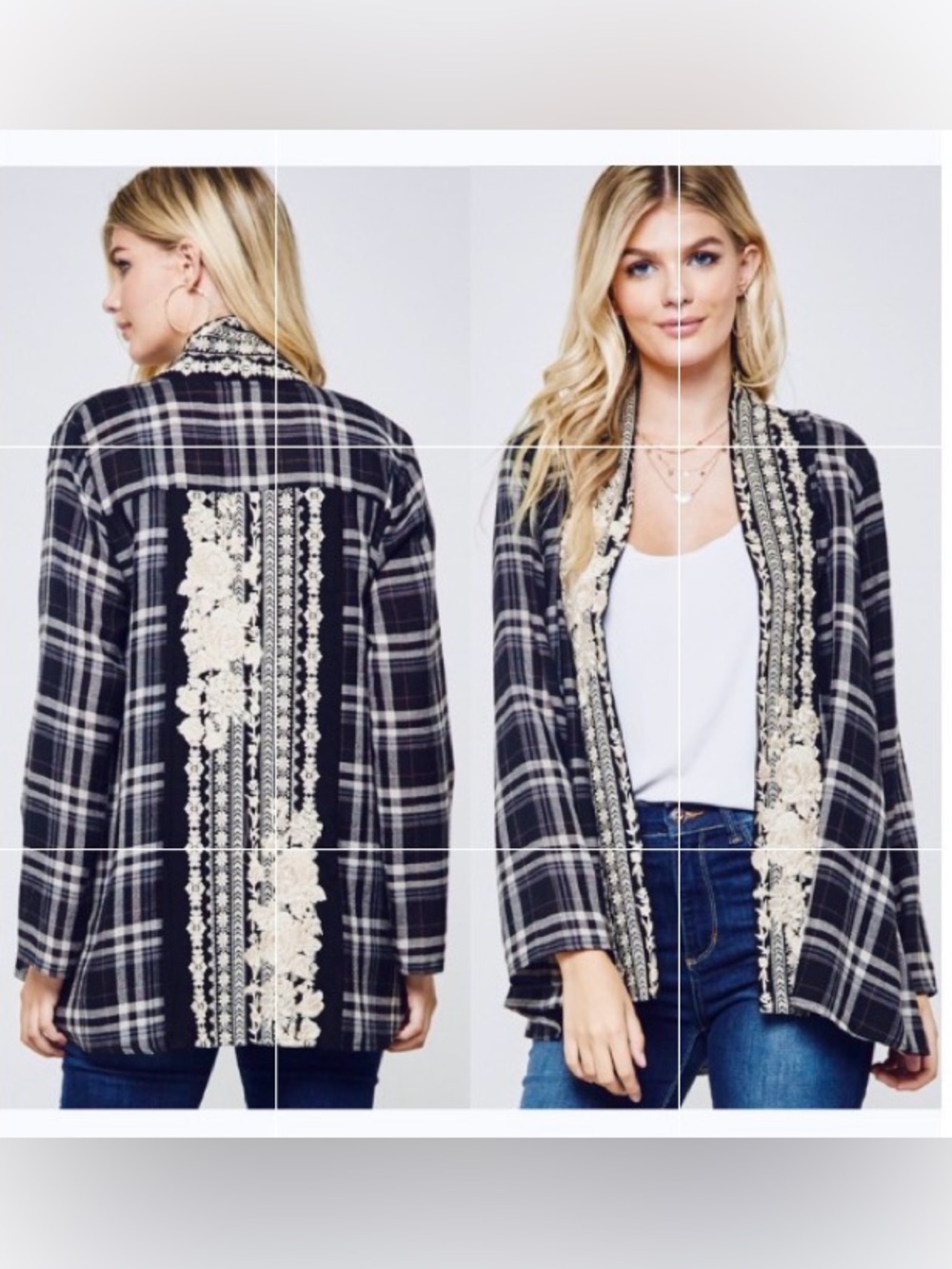Cardigan / Kimono - Andree by Unit Open Front Navy Black Cream Gray Plaid - Lace